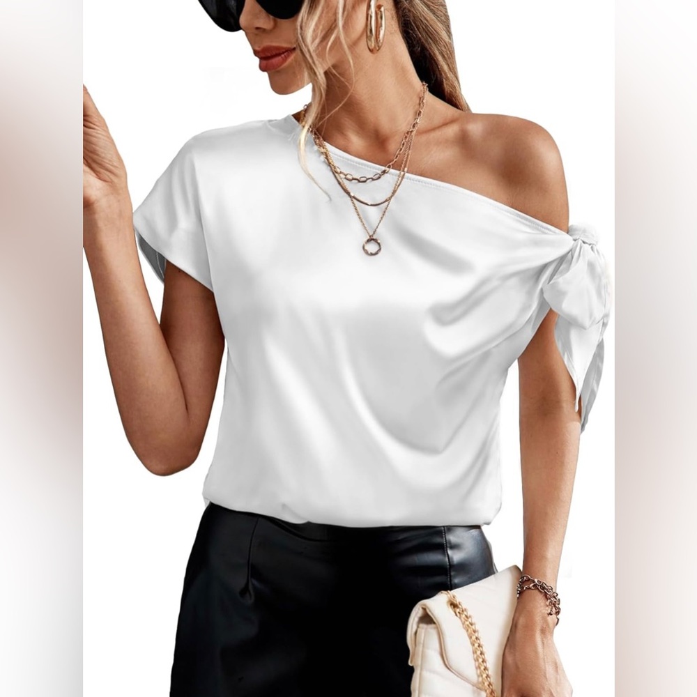 NWT Off Shoulder Satin Elegant Casual Short Sleeve Asymmetrical Neck Silk Blouse